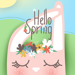 Hello Spring banner, background, greeting card. Paper cutout cute and beautiful pink bunny with closed eyes and wreath of flowers on green field and blue sky with sun. Cartoon style with 3d effect