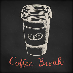 Hand drawn vector sketch illustration - coffee shop or cafe menu, creative vintage tee shirt apparel print poster design, Take away coffee paper cup and beans., black chalkboard grunge background.