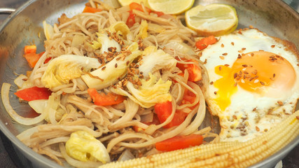 Enoki mushrooms fried with has fried eggs menu idea food full frame