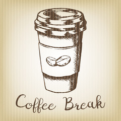 Hand drawn grunge vector sketch illustration - creative vintage tee shirt apparel print poster design, Take away coffee paper cup and beans.