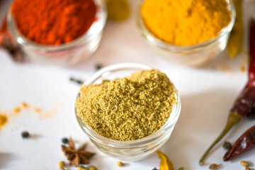 A close-up of three glass bowls filled with chili powder, turmeric powder, and coriander powder, surrounded by dried red chilies, black peppercorns, and turmeric roots on a white surface	