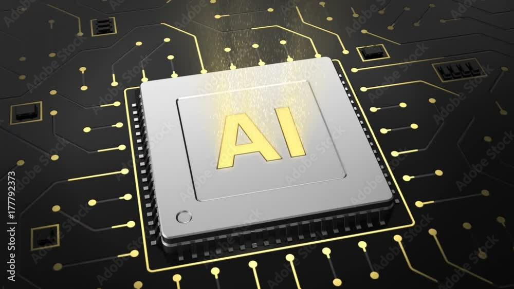 Poster 3d illustration of computer chip over circuit background with ai sign. ai(artificial intelligence) c