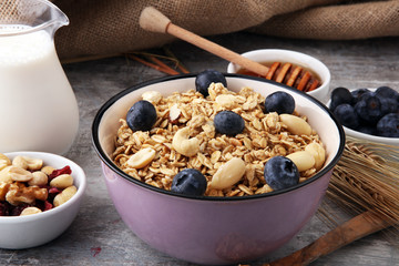 Oat flakes with milk, honey, blueberries, raspberries and nuts.