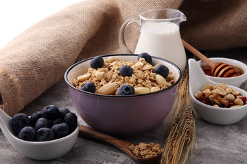 Oat flakes with milk, honey, blueberries, raspberries and nuts.