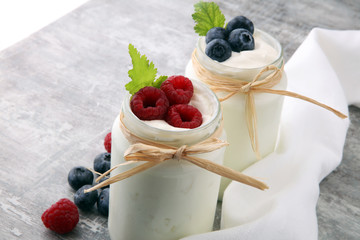Fresh Yogurt. Breakfast with yogurt and blueberries and raspberrries