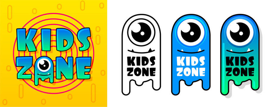 Kids Zone banner in cartoon style with a good jelly monster. for children's playroom decoration, Children Playground. Vector illustration.