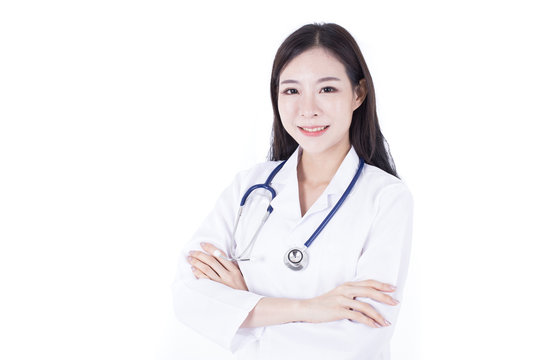 Portrait of Confident smiling Korean Woman doctor posing at white background, healthcare concept