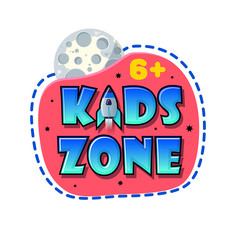 Obraz premium Kids Zone banner in cartoon style with planet and rocket. for children's playroom decoration, Children Playground. Vector illustration.