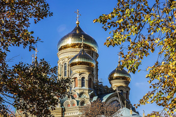 Fototapeta na wymiar Latvia.Liepajas Sv. Nicholas Orthodox Cathedral of the Sea autumn