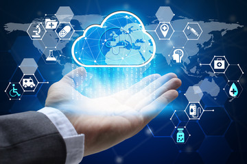 hand holding with virtual screen cloud computing and medical and health care Interface Icons global network , Internet of global business, cloud computing concept