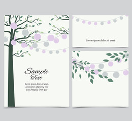 Naklejka na ściany i meble Vector illustration of trees with leaves and chain of lanterns. Invitation card, party celebration. Set of greeting cards