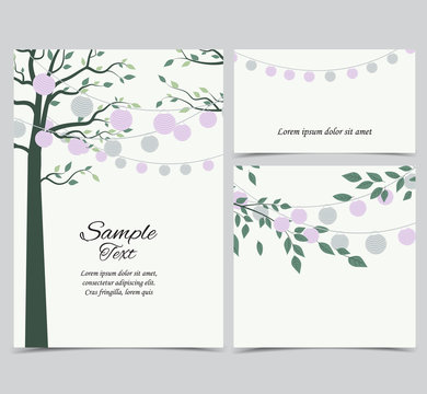 Vector illustration of trees with leaves and chain of lanterns. Invitation card, party celebration. Set of greeting cards