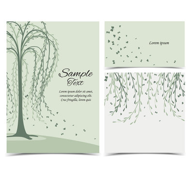 Vector illustration of birch and butterflies. Invitation card with tree. Set of greeting cards