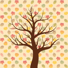 Retro autumn mood with bare tree and leaves pattern background.