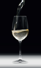Vector realistic illustration of shiny transparent glass with pouring white vine on white table with black background