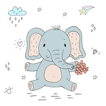 funny cute elephant cartoon style. vector print