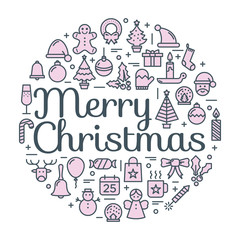 Merry Christmas for winter holidays greeting card. Merry Christmas logo. Merry Christmas typography and calligraphy. Christmas icons.