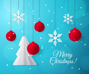 Fototapeta na wymiar Vector template for Merry Christmas greeting cards and banners with festive decorations. Holiday blue background with paper fir-tree, toys and snowflakes for celebration flyers. With place for text.