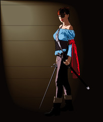 A sexy pirate girl with a sword in her hand and a blindfold on her eyes and a red-scarf-waved hand looking toward the enemy.