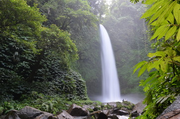 Fototapeta na wymiar scenic view of waterfall in rainforest in Bali island surrounded by the jungle