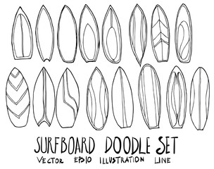 Set of surfboard illustration Hand drawn doodle Sketch line vector eps10