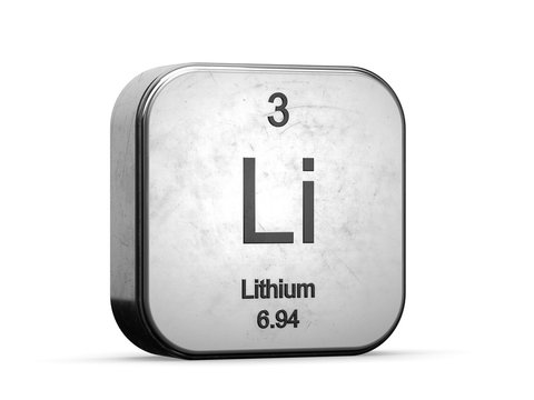Lithium element from the periodic table. Metallic icon 3D rendered on white background