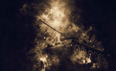 Tank in a cloud of smoke
