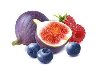 Figs, blueberry and raspberry isolated on white background