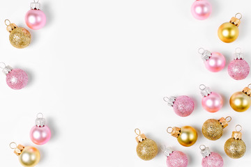 Stylish  arrangement of bright christmas balls on white background. Flat lay, top view