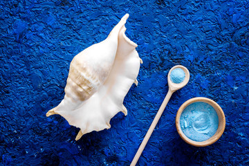Plakat Sea salt from dead sea and shell in cosmetics set for spa on blue background top view copyspace