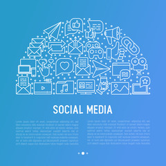 Social media concept in half circle with thin line icons. of thumbs up, share, link, send e-mail, music, stream, comments. Vector illustration for banner, web page, print media with place for text.
