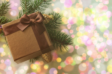 A box with a Christmas present. Top view. Selective focus.