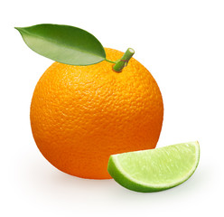 Whole orange fruit with green leaf and slice of lime