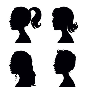Set of four vector woman head with different hairstyles silhouettes - fashion and beauty illustration
