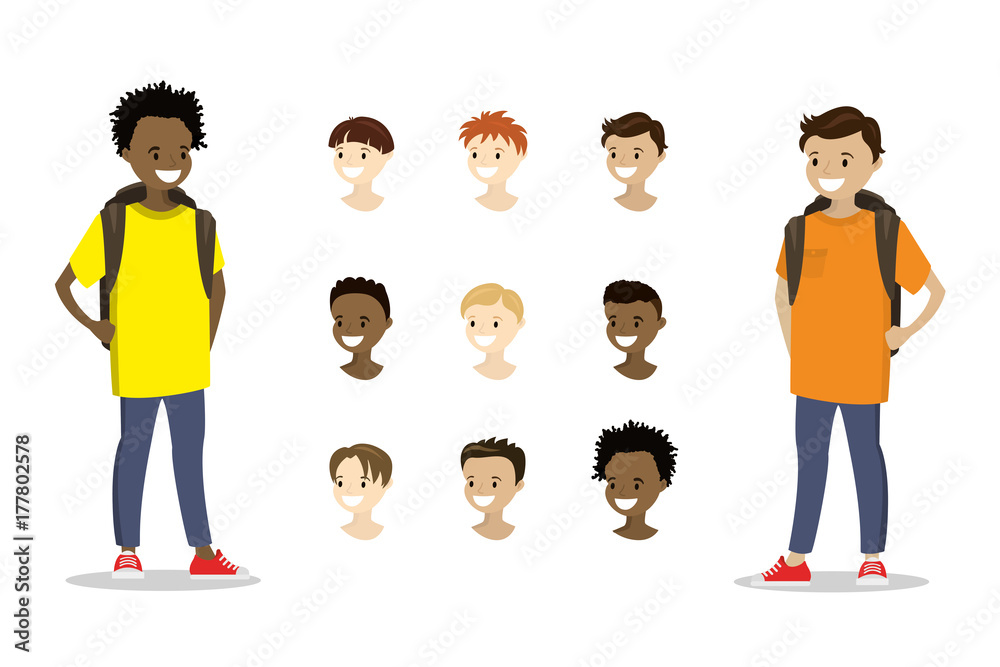 Wall mural teenage boys and template multicultural heads