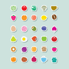 Food icons. Icons of different food in the form of stickers with a white outline and shadow. The flat icons. Geometric objects icons.