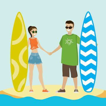 caucasian man and woman on surfing vacation