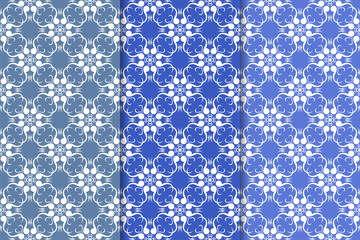 Set of floral ornaments. Vertical blue seamless patterns