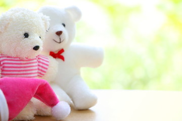 Two white teddy bears wear pink shirts and red bow with pink Christmas cap on wooden table on green,yellow and white bokeh have copy space