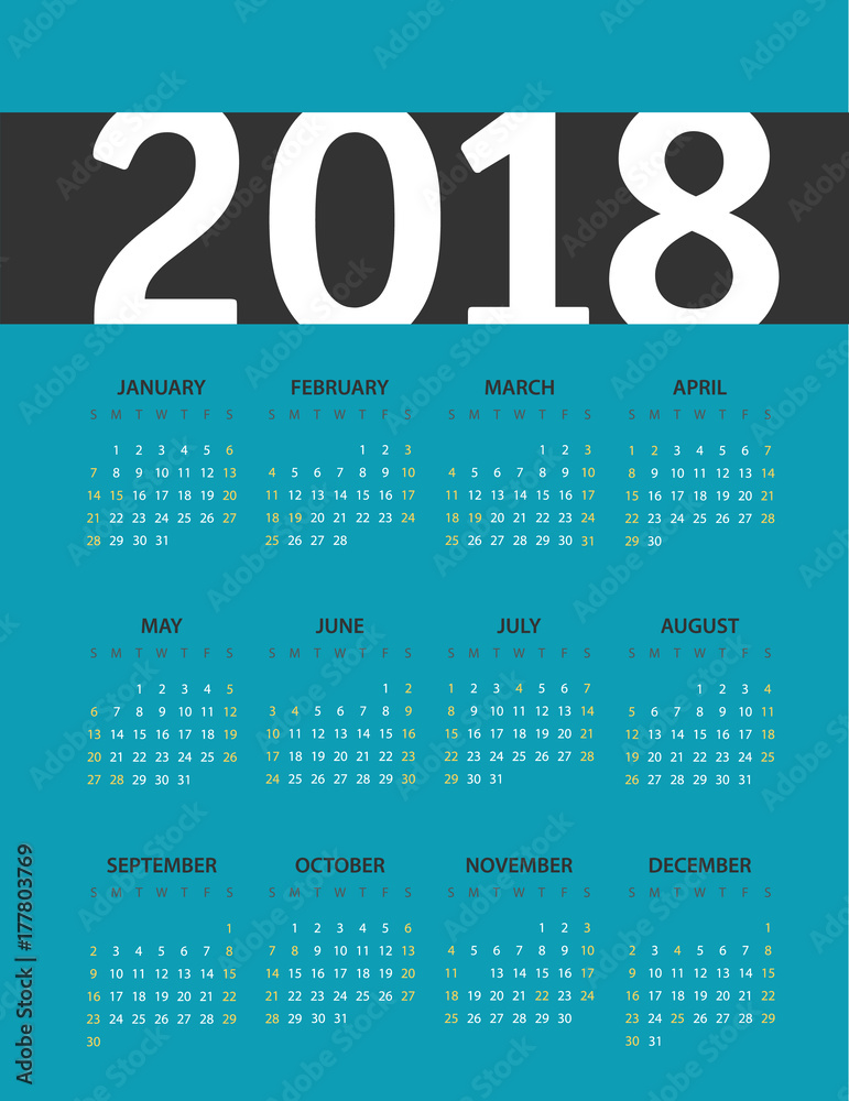 Poster 2018 year calendar template. flat design template