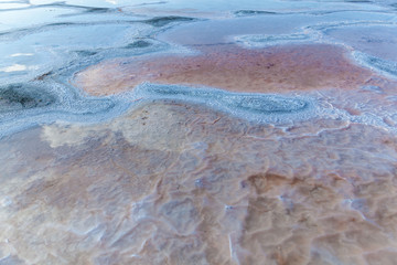 The crust of salt on the bottom of the curative mud dry lake. The surface of the salt lake.
