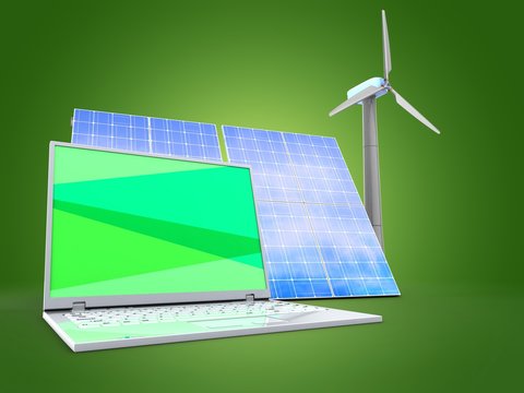 3d solar and wind energy with laptop computer