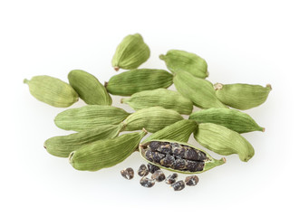 Green cardamon pods isolated on white background