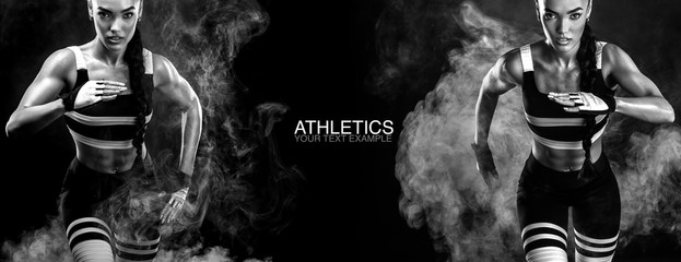 A strong athletic, female sprinter, running at sunrise wearing in the sportswear, fitness and sport motivation concept with copy space.