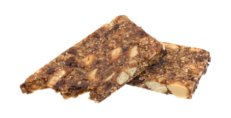 A broken almond butter chocolate nut bar isolated on a white background.