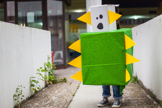 Boy in a handmade monster costume