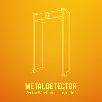 Metal Detector Scanner. Wireframe Poly Mesh Vector Illustration. Airport Security Gates With Metal Detectors. Walk Through Detector Concept.