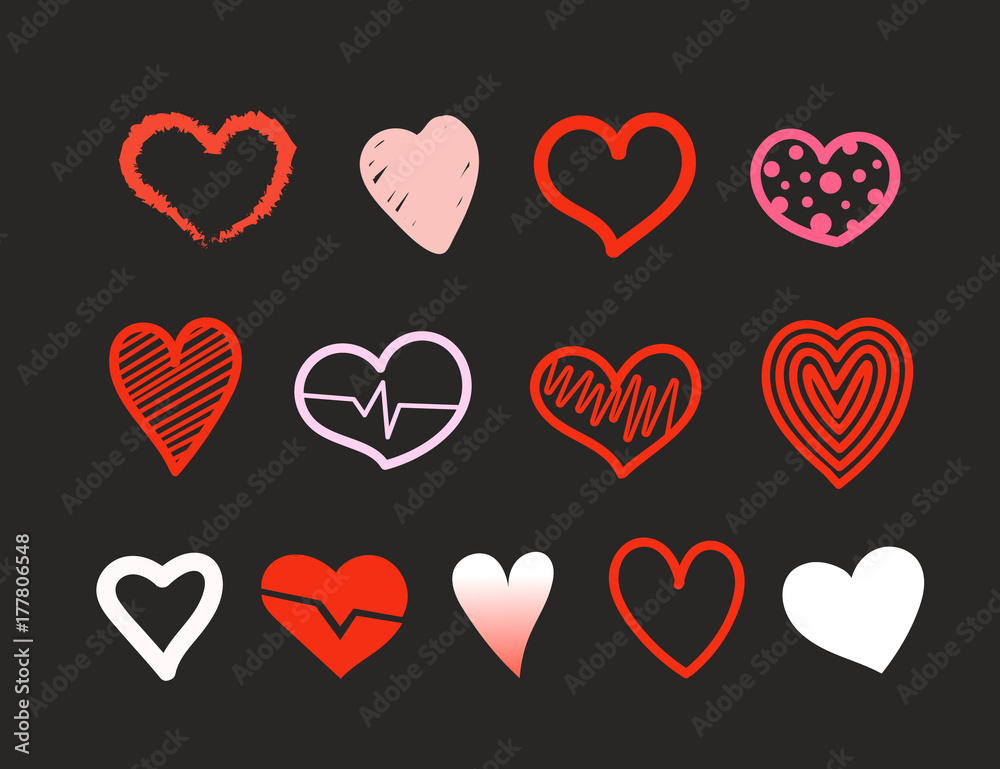Poster red and white hand drawn hearts vector collection on black background. design elements for