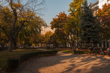 Naklejka premium city park of Budapest, Liberty square. autumn beauty park in Budapest