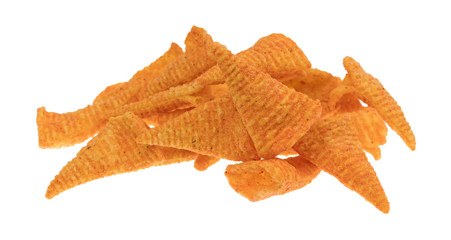 A serving of cheese flavored cone shaped corn chips isolated on a white background.